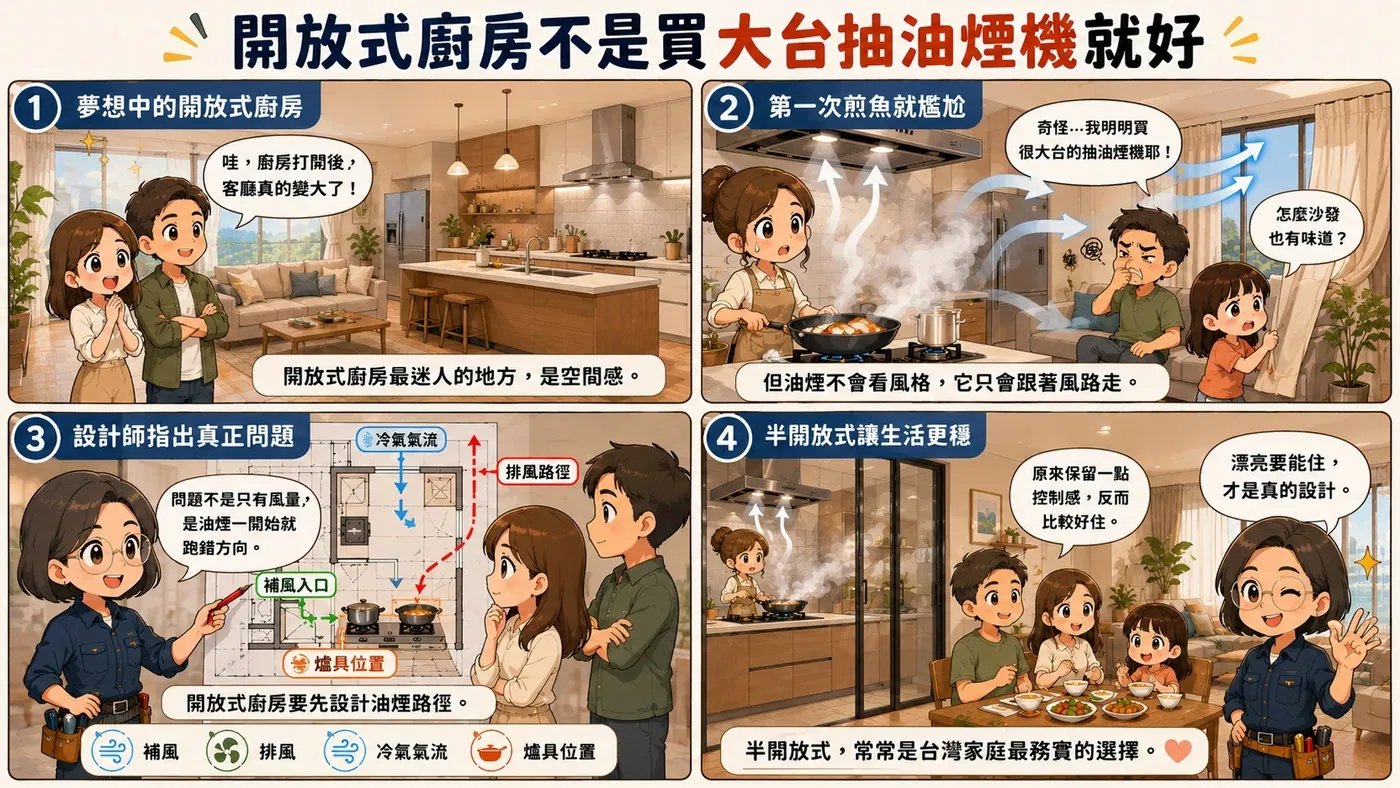 開放式廚房油煙怎麼解決?設計師提醒:不是抽油煙機買大台就好
